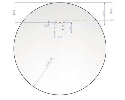 Technický výkres kruhu se čtvercovým výřezem a rozměry