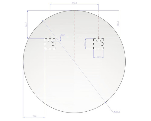 Technický výkres kulatého zrcadla s rozměry