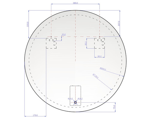 Technický nákres kulatého zrcadla s rozměry