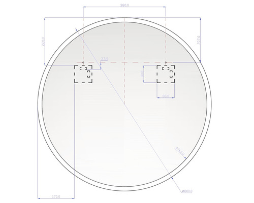 Technický nákres kulatého zrcadla s rozměry