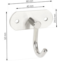 Nerezový věšák na šaty o rozměrech 60 mm, 40 mm, 24,5 mm a 52 mm.