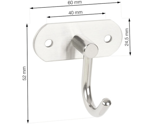 Nerezový věšák na šaty o rozměrech 60 mm, 40 mm, 24,5 mm a 52 mm.