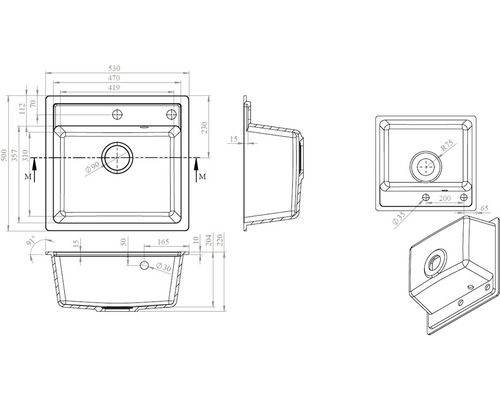 Technický výkres dřezu s rozměry