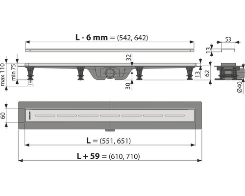 Technický výkres sprchového žlabu s rozměry