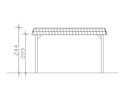 Nákres carportu s výškovými údaji 244 a 209