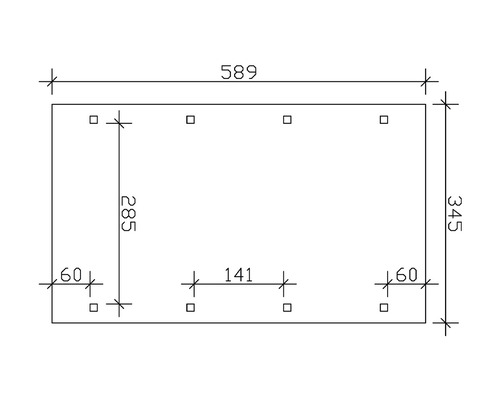 Technický nákres desky o rozměrech 589 x 345 mm s několika otvory