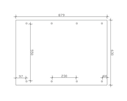 Technický výkres s rozměry pro nábytkový díl, délka 879 mm, šířka 630 mm