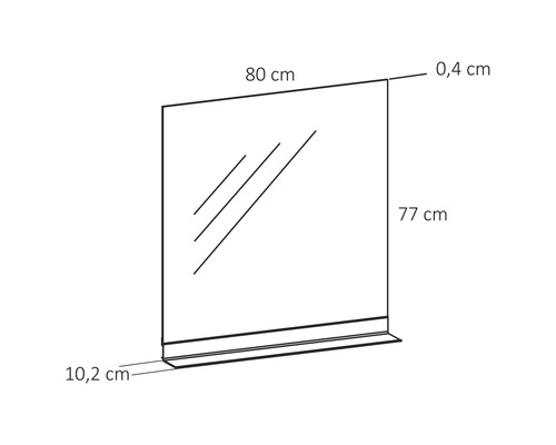 Ilustrace zrcadla s policí a rozměry.