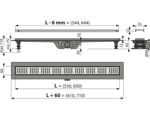 Technický výkres sprchového žlabu s rozměry.