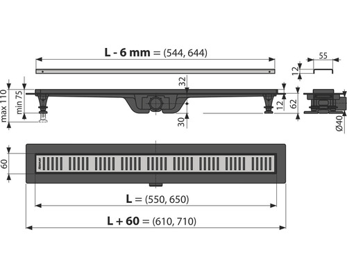 Technický nákres sprchového žlabu s rozměry