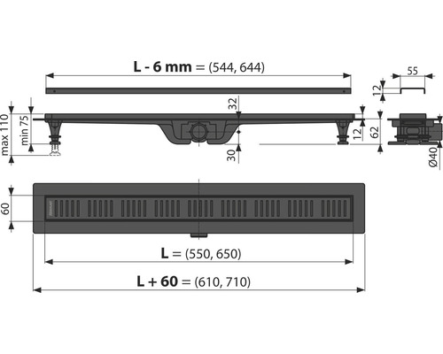 Technický nákres sprchového žlabu s rozměry
