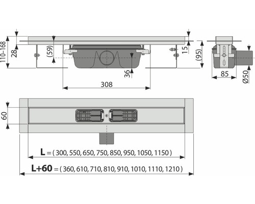Technický výkres sprchového žlabu s rozměry