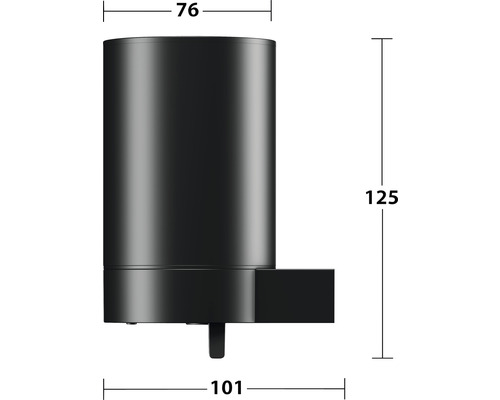Technický nákres černého dávkovače s rozměry