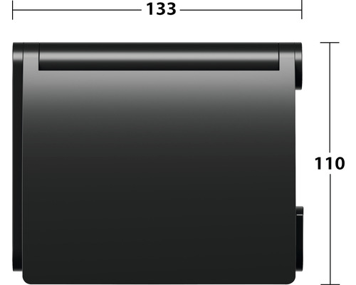 Obrázek rozměrů držáku papírové role: šířka 133 milimetrů a výška 110 milimetrů.
