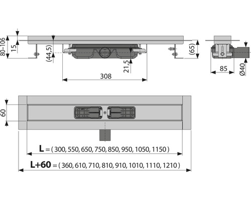 Technický nákres sprchového žlabu s rozměry