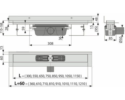 Technický nákres sprchového žlabu s rozměry