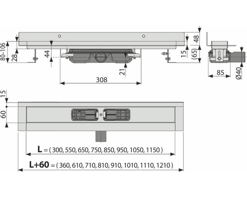 Technický výkres sprchového žlabu s rozměry.