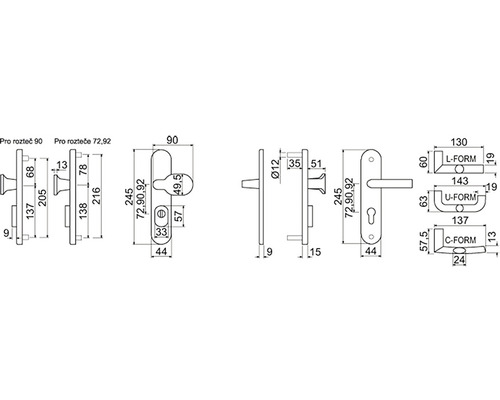 Technický nákres sady klik s rozměry