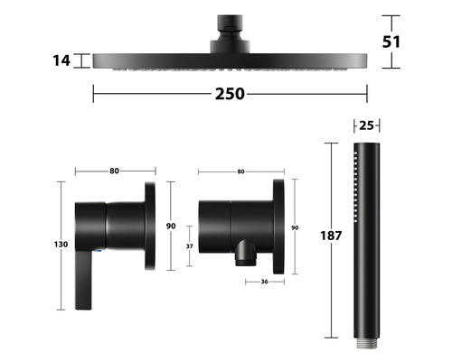 Technický výkres sprchového setu s horní sprchou, ruční sprchou a baterií s rozměry