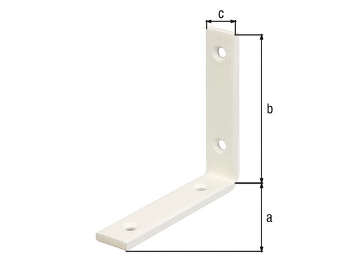 Rohový spojovací prvek z kovu s otvory pro šrouby a rozměry a, b a c