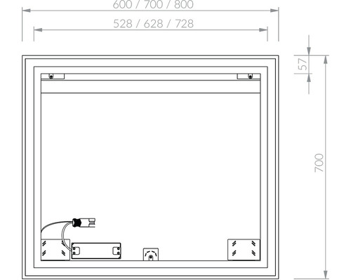 Technický výkres zrcadla o rozměrech 600/700/800 milimetrů krát 700 milimetrů.