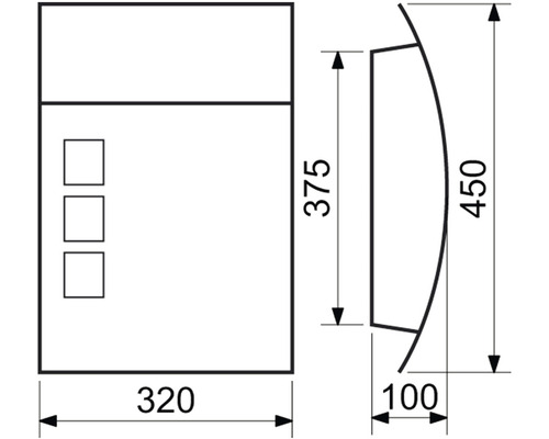 Technický nákres koupelnové skříňky o rozměrech 320 x 375 x 450 x 100 milimetrů.