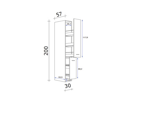 Technický nákres vysoké skříně s rozměry.