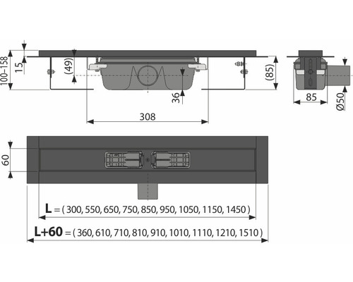 Technický výkres sprchového žlabu s rozměry.