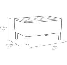 Ilustrace zahradního boxu o rozměrech 41,5 cm výška, 56,5 cm šířka a 76 cm délka.
