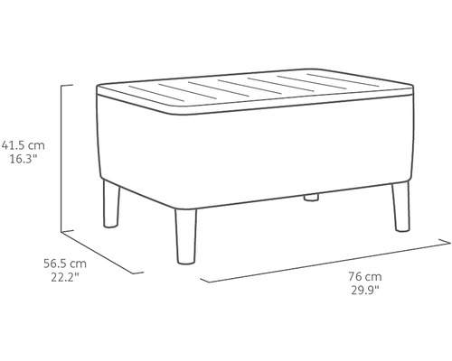 Ilustrace zahradního boxu o rozměrech 41,5 cm výška, 56,5 cm šířka a 76 cm délka.