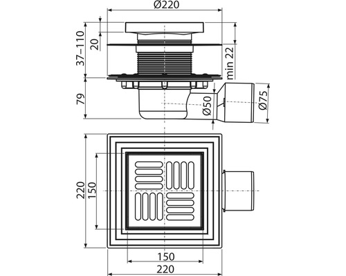 Technický nákres podlahové vpusti s rozměry
