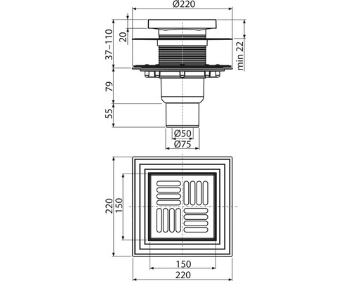 Technický nákres podlahového odtoku s rozměry