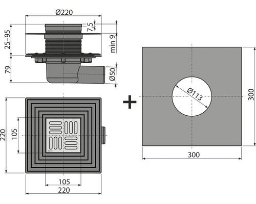 Technický nákres podlahové vpusti s rozměry.