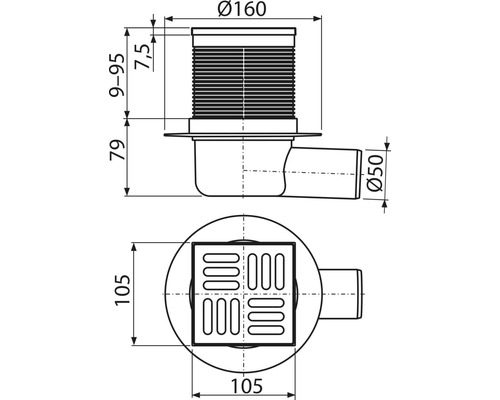 Technický nákres podlahového odtoku s rozměry.
