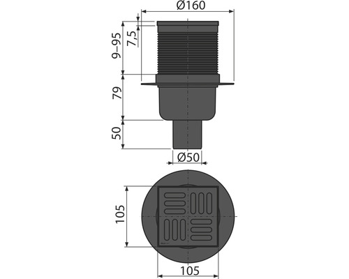 Technický nákres podlahového odtoku s rozměry