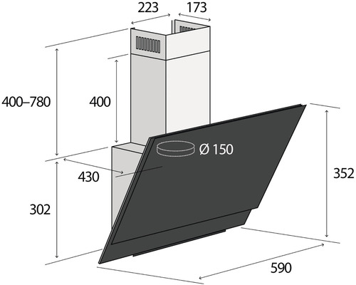 Technický nákres odsavače par s rozměry