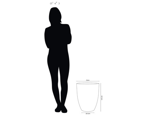 Nákres květináče s rozměry výška 42,5 cm, průměr nahoře 35 cm, průměr dole 20,5 cm a žena pro porovnání velikosti