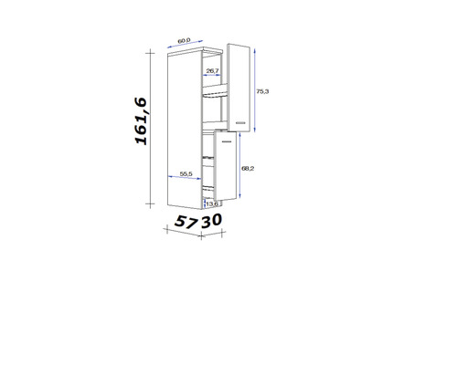 Technický výkres koupelnové skříňky s rozměry