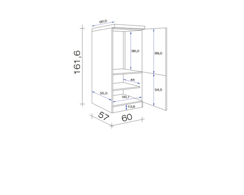 Rozměrový nákres vysoké skříně s otevřenými dveřmi a vnitřními přihrádkami