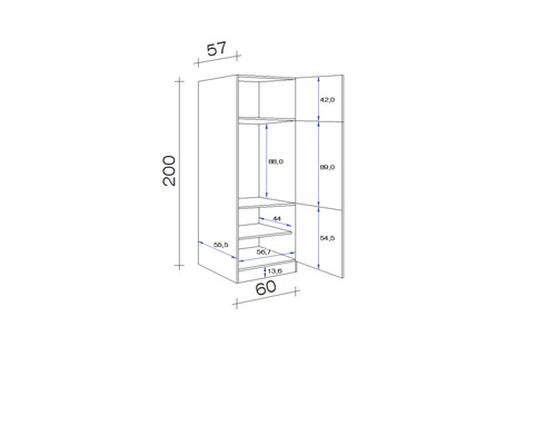 Technický nákres skříně s rozměry