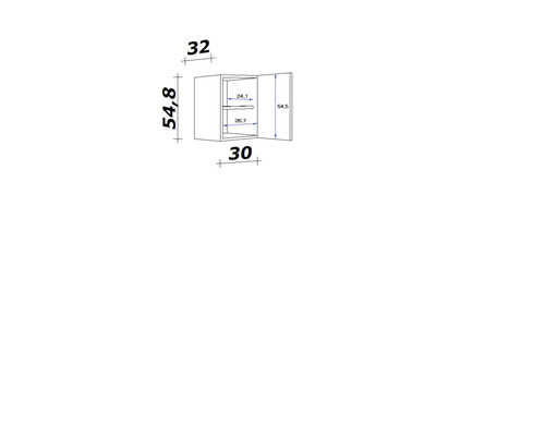 Technický výkres nástěnné skříňky s rozměry.