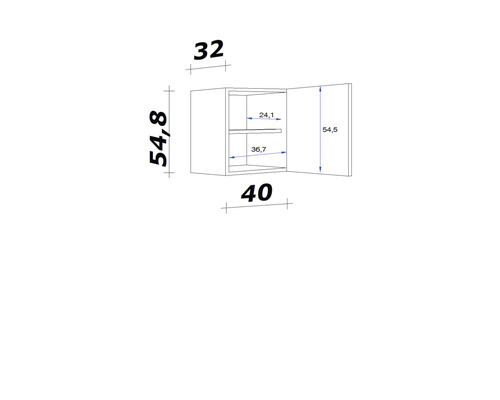 Technický výkres závěsné skříňky o rozměrech 32 x 54,8 x 40 centimetrů.
