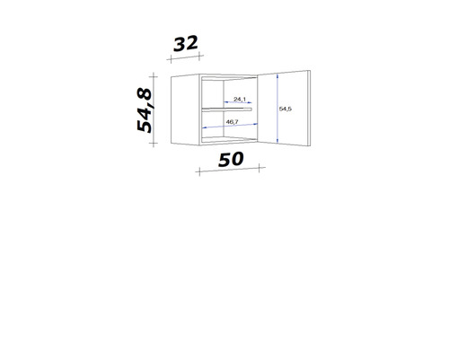 Technický nákres závěsné skříňky o rozměrech 54,8 x 50 x 32 cm.