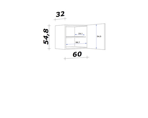 Technický nákres nástěnné skříňky s rozměry