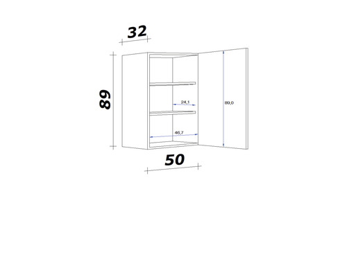 Technický nákres závěsné skříňky s rozměry