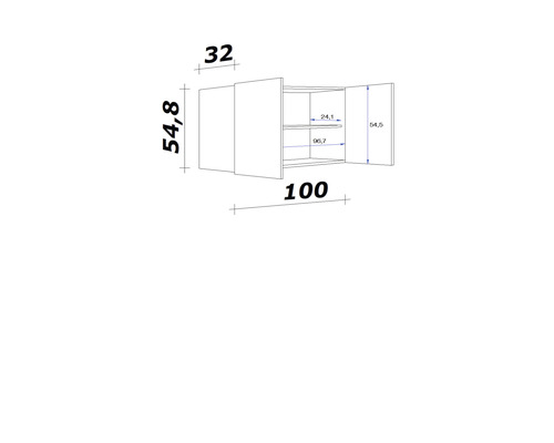 Technický nákres nástěnné skříňky s rozměry.