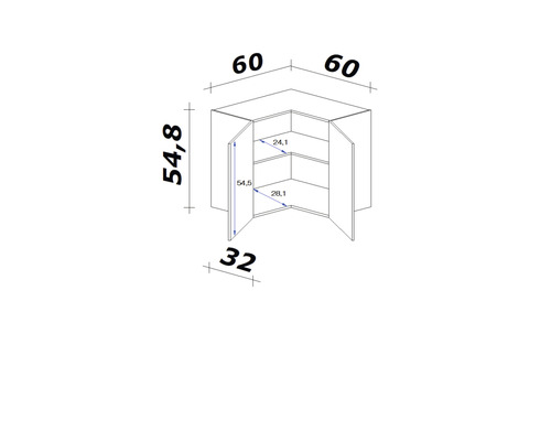 Technický nákres rohové skříňky s rozměry