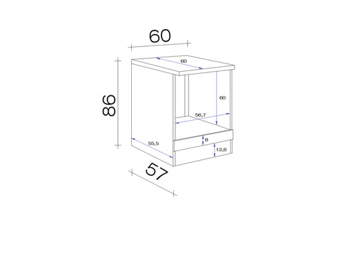 Rozměrový výkres spodní skříňky o rozměrech 60 x 60 x 86 centimetrů.