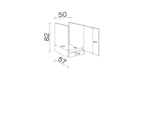 Technický nákres spodní skříňky o rozměrech 50 x 82 x 57 cm.