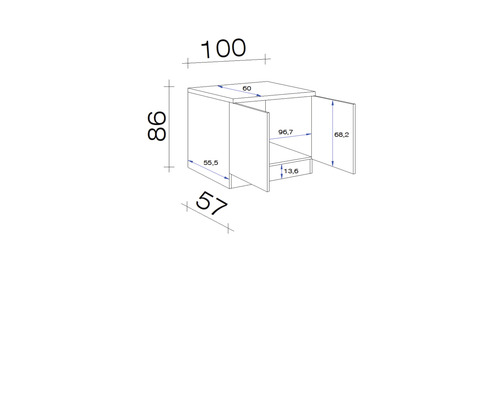 Technický nákres spodní skříňky s rozměry.